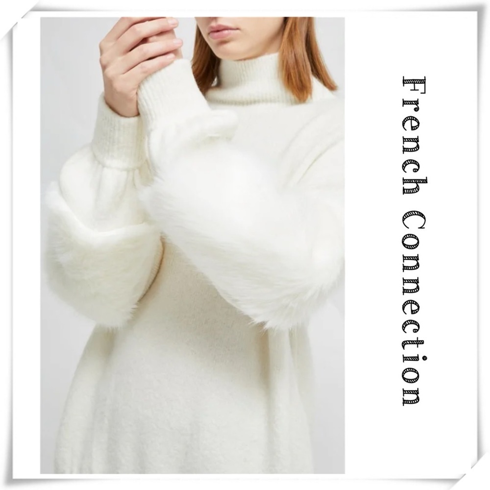 French Connection Normie Faux Fur Knit High Neck Jumper Sweater in Cream Size M